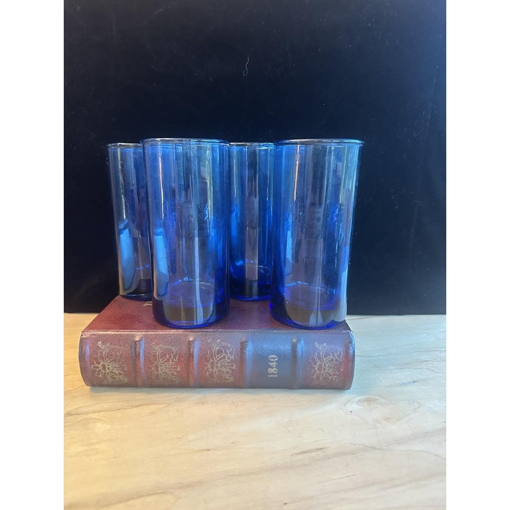4 VTG Libbey Deep COBALT BLUE Round Bottom 5-3/4" Tumblers / Glasses EXC Heavy
